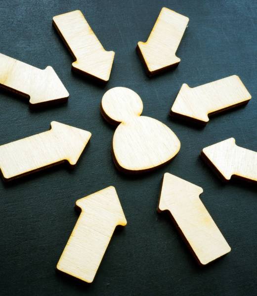 Customer centricity concept. Arrows and wooden figure on the dark desk.
